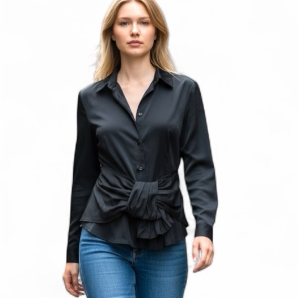 Prada Black Blouse with Waist Pleats & Side Zipper Size 42  (6 US) Made in Italy